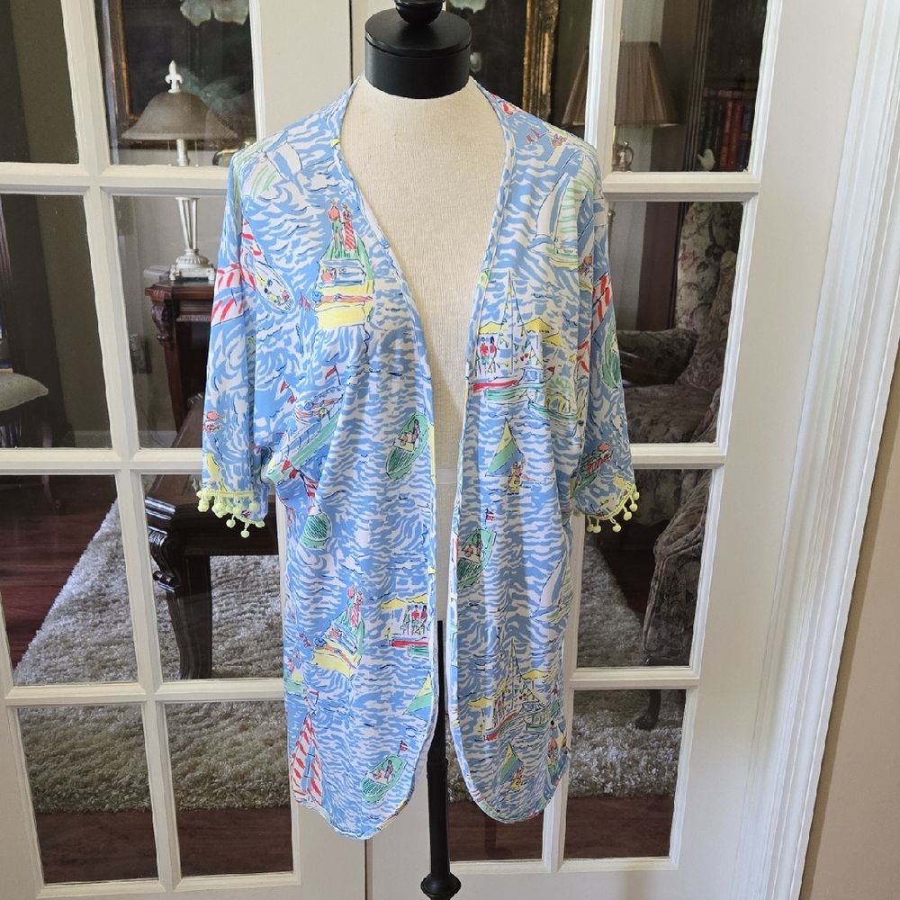 Little Lamb Colorful Beach Scene Kimono Cardigan Coverup Pom Pom Trim Sz XL EUC